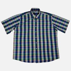 Alan Flusser Mens XXL Plaid Button Down Shirt Cotton Blue Green Short Sleeve EUC